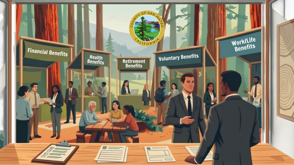 Illustration of a County of San Mateo outdoor benefits and wellness fair in a redwood forest. Employees are shown interacting at vendor booths labeled Financial Benefits, Health Benefits, Retirement Benefits, Voluntary Benefits, and Work/Life Benefits.