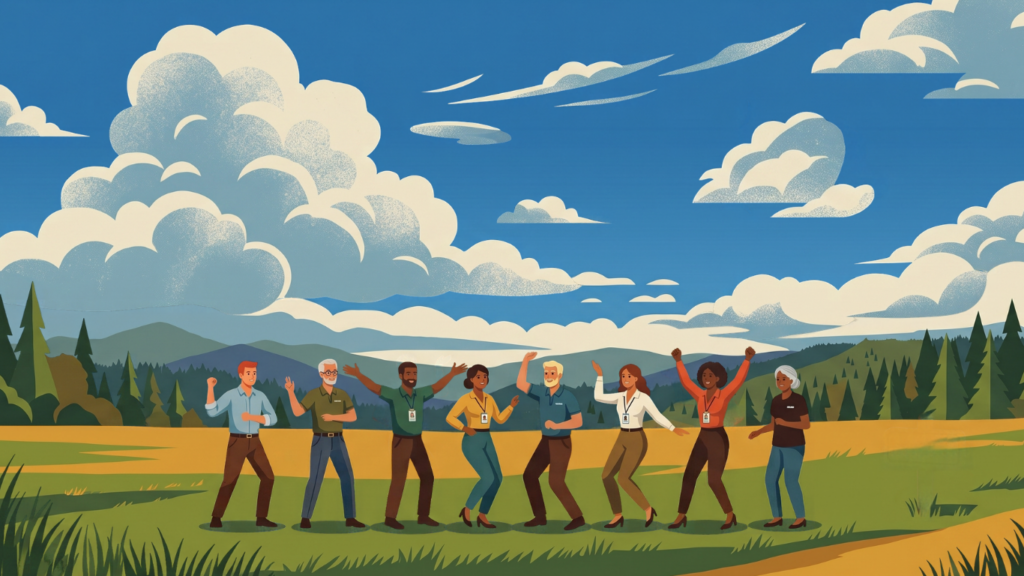 Illustration of a diverse group of eight people dancing outdoors in a meadow with rolling hills and a cloudy blue sky.