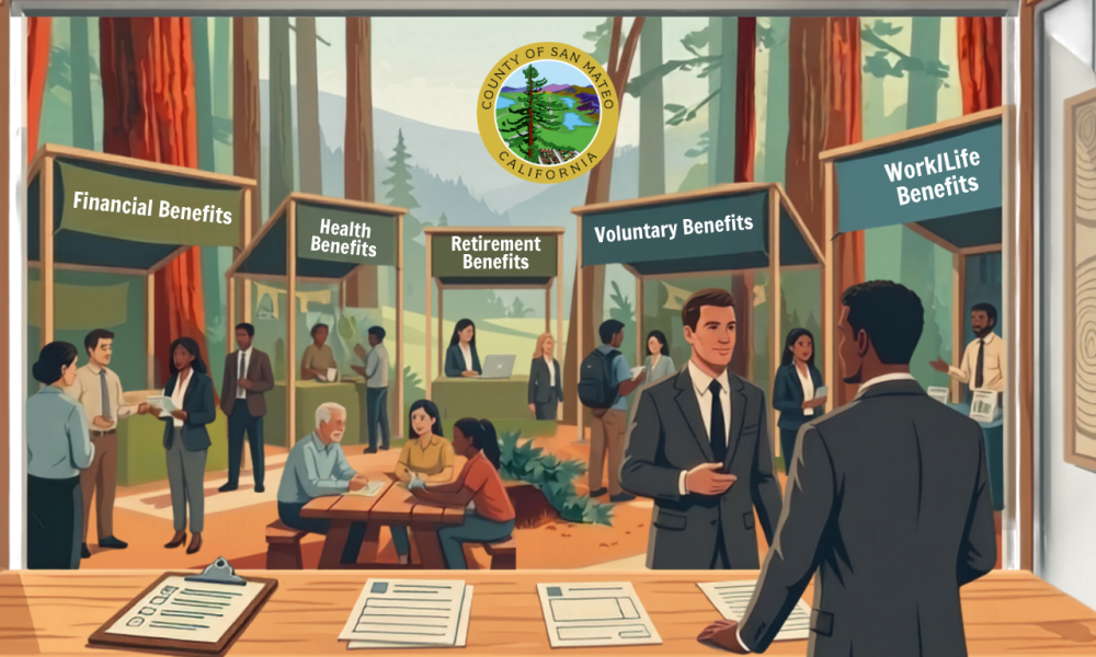 Illustration of a County of San Mateo outdoor benefits and wellness fair in a redwood forest. Employees are shown interacting at vendor booths labeled Financial Benefits, Health Benefits, Retirement Benefits, Voluntary Benefits, and Work/Life Benefits.